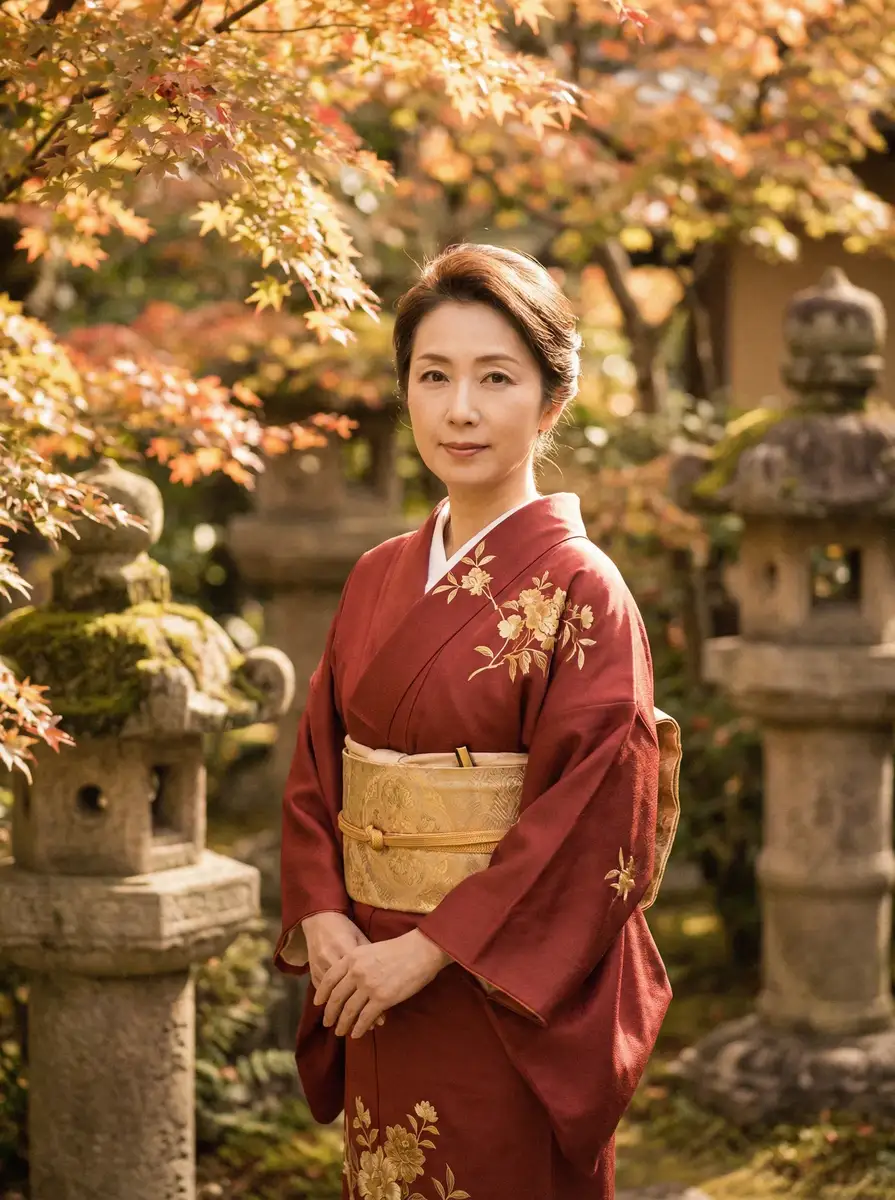 一位身穿暗红色和服的优雅 吉祥坊平台 在日式庭院中