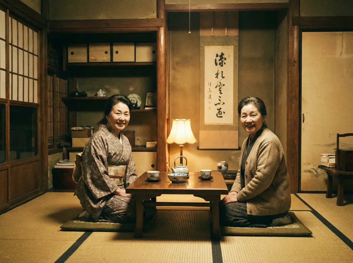 两位优雅的 吉祥坊平台 在日式茶室中品茶交谈